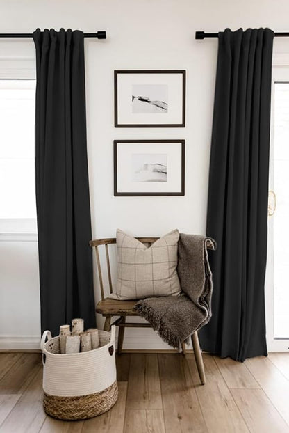 100% Blackout Shield Linen Blackout Curtains for Bedroom 96 Inches Long, Back Tab/Rod Pocket Living Room Drapes, Thermal Insulated Blackout Curtains 2 Panels Set, 50" W x 96" L, Black