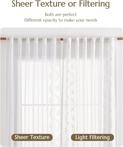 jinchan Belrose Linen Sheer Curtains for Living Room 96 Inch Length Sheer Voile Embroidered Floral Curtains for Bedroom Light Filtering Rod Pocket Window Treatments Farmhouse Decor 2 Panels White