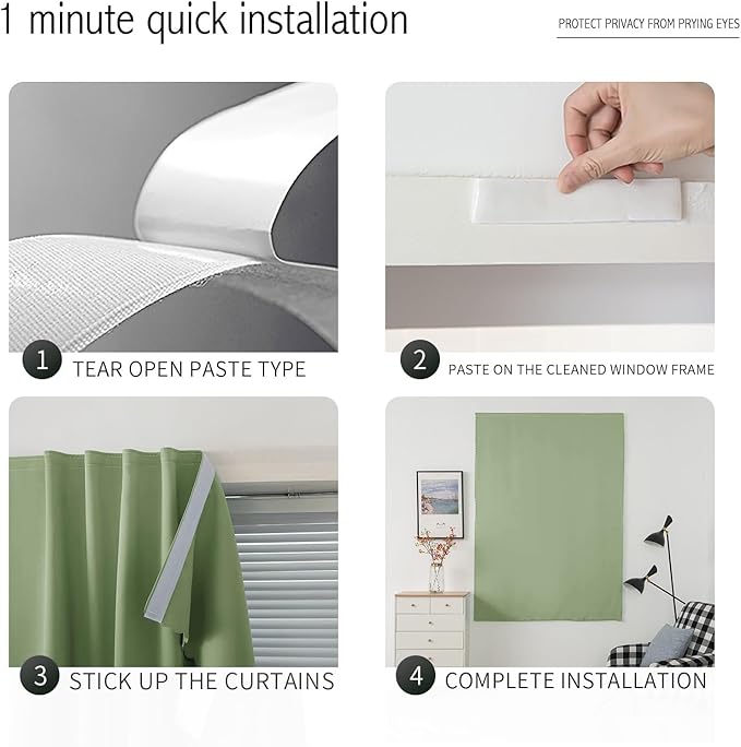 Magic Tape Blackout Curtains for Bedroom No Drillng Self Adhesive Curtains No Rod Small Window, 59" W X 59" L, Sage Green, 1 Panel