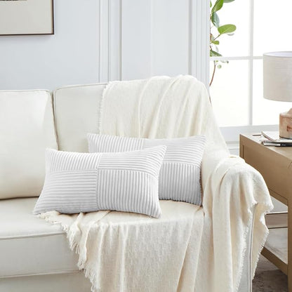 Fancy Homi 2 Packs White Lumbar Decorative Throw Pillow Covers 16x26 Inch for Living Room Couch Bed Sofa, Rustic Farmhouse Boho Home Decor, Soft Striped Corduroy Rectangle Accent Cushion Case 65x40 cm