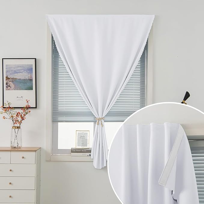 self Adhesive Curtains Portable Blackout Curtain Simple and Easy to Install Bedroom Window Thermal Lnsulated Kitchen Room Darkening Black Small Drapes, 59" W X 71" L, White, 1 Panel