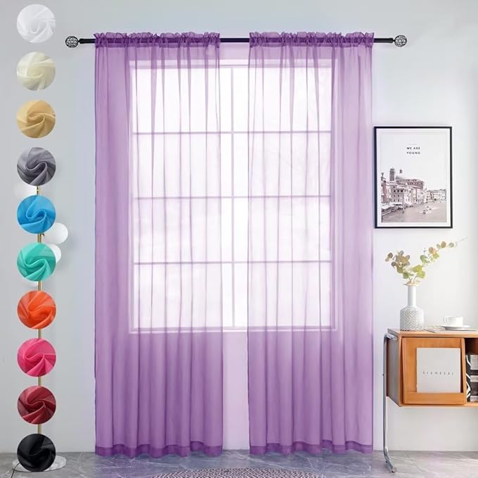 youleyar Solid Sheer Rod Pocket Curtain Voile Draperies 2 Panels White Beige Black Grey Coffee 52 Inch Width 63 Inch Long 1 Pair for Kitchen Bedroom Children Living Room Yard (Lavender,52Wｘ63L)
