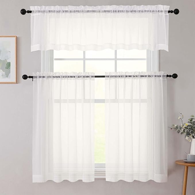 Ivory Valances for Windows, Ivory Sheer Curtains 14 Inch Length 2 Pack Kitchen Drapes, Modern Solid Mini Small Window Curtains for Cafe Bathroom Basement, Each 42" Wx14 L Inches