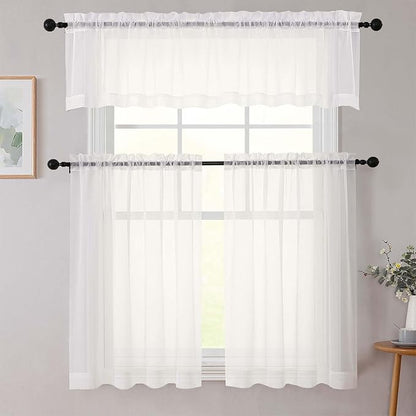 Ivory Valances for Windows, Ivory Sheer Curtains 14 Inch Length 2 Pack Kitchen Drapes, Modern Solid Mini Small Window Curtains for Cafe Bathroom Basement, Each 42" Wx14 L Inches
