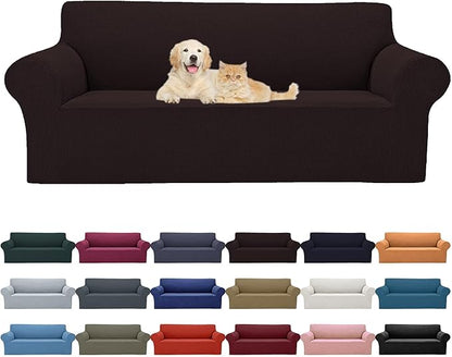 Cupuamon 2026 New Stretch Sofa Slipcovers Couch Cover for 3 Cushion Furniture Protector Sofa Covers with Elastic Bottom Jacquard Fabric Small Checks for Pets, Kids -Sofa, Chocolate