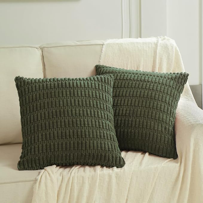 Fancy Homi 4 Packs Boho Olive Green Decorative Throw Pillow Covers 18x18 Inch for Couch Bed Sofa, Rustic Modern Farmhouse Home Decor, Soft Plush Corduroy Cute Square Cushion Case 45x45 cm