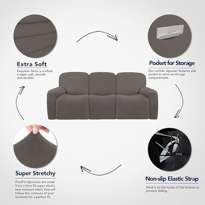PureFit Super Stretch 3 Seats Recliner Sofa Couch Cover with Pocket-Non Slip Soft Sofa Slipcover, Washable Spandex Reclining Furniture Protector for Kids, Pets (Large, Taupe)
