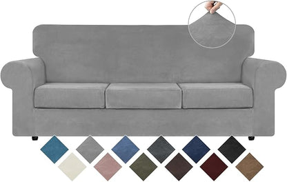 WEERRW 4 Pieces Velvet High Stretch Couch Covers for 3 Cushion Couch Sofa Slipcovers, Washable Furniture Protector with Non Slip Elastic Bottom, Feature Soft and Thick Plush Fabric, Silver Grey, Large