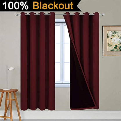 Yakamok 100% Blackout Curtains 72 Inches Long, 2 Thick Layers Completely Blackout Window Treatment Thermal Insulated Lined Drapes for Bedroom(Burgundy Red, 52" Width Each Panel, 2 Panels)