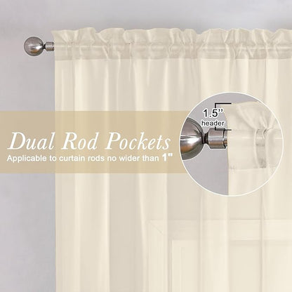 Lecloud Cream Sheer Curtains 72 Inches Long 2 Panels, Light Filtering Curtains for Living Room, Farmhouse Voile Rod Pocket Drapes for Bedroom Dinning Room, Each Panel 42 X 72 Inch