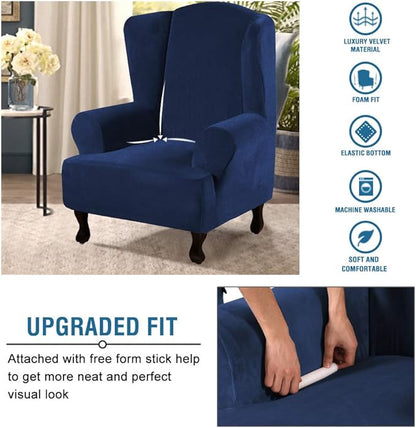 H.VERSAILTEX Wingback Chair Covers Velvet Plush Wing Chair Slipcover 1 Piece High Stretch Wing Back Chair Slipcovers Sofa Cover Furniture Cover with Elastic Bottom, Navy