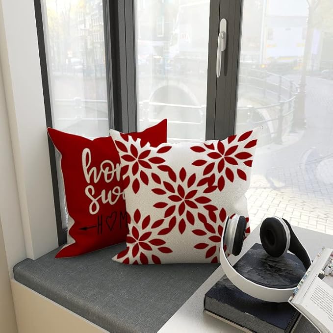 YCOLL Christmas Pillow Covers 16x16 Set of 4, Modern Sofa Throw Pillow Cover for Christmas Decor, Decorative Outdoor Linen Fabric Pillow Case for Couch Bed Car, Red