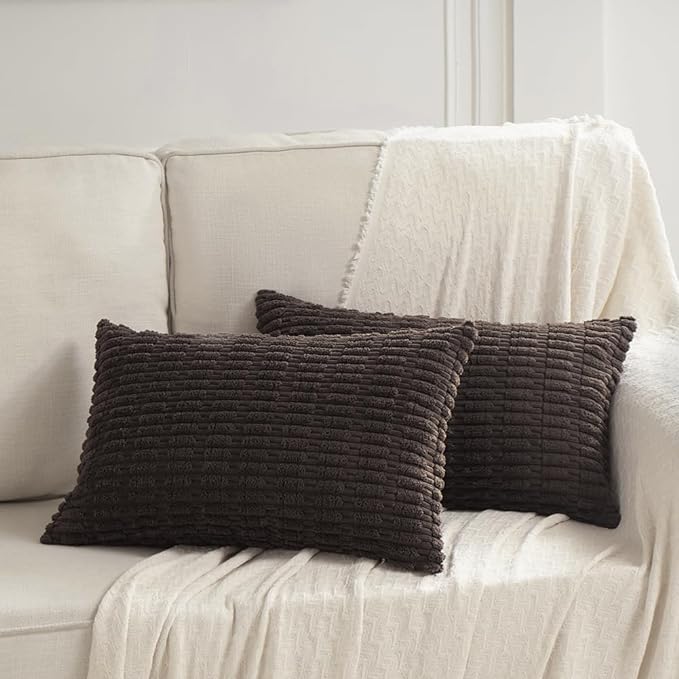 Fancy Homi 4 Packs Boho Dark Brown Decorative Throw Pillow Covers 16x24 Inch for Living Room Couch Bed Sofa, Rustic Modern Farmhouse Home Decor, Soft Plush Corduroy Cute Square Cushion Case 40x60 cm