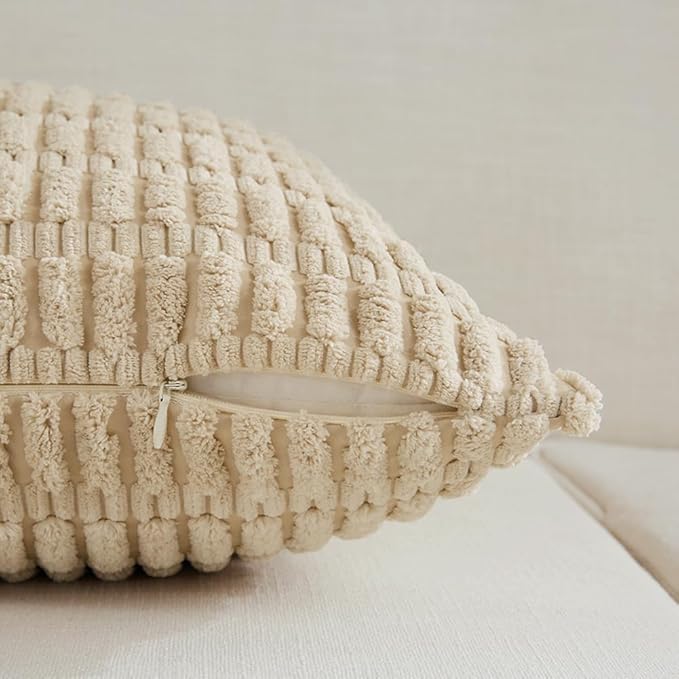 Fancy Homi 4 Packs Tan Decorative Throw Pillow Covers 14x24 Inch for Living Room Couch Bed Sofa, Beige Rustic Farmhouse Boho Home Decor, Soft Plush Striped Corduroy Square Cushion Case 35x60 cm