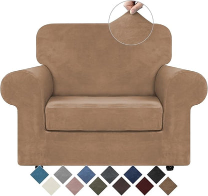 WEERRW Velvet Stretch Chair Sofa Slipcover - 2 Pieces Luxury Soft Velvet Plush Couch Cover Furniture Protector with Elastic Bottom for Pets, Machine Washable, Camel, Small
