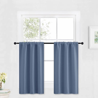 RYB HOME Kitchen Blackout Curtains Over Sink 36 inch Length, Rod Pocket Summer Light UV Blocking Energy Efficient, Cabinet Shelf Cupboard Coverings, Width 29 by Length 36, Stone Blue, 2 Panels