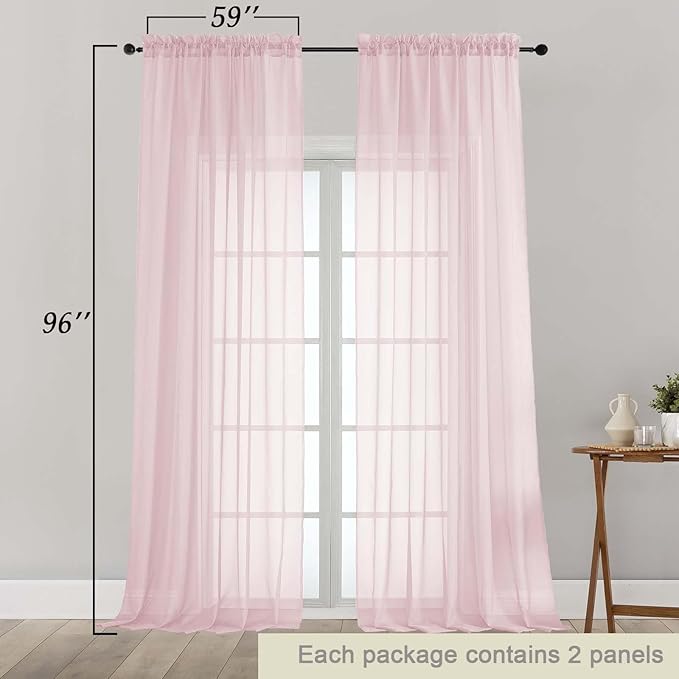 Blush Sheer Curtains for Bedroom Living Room 96 Inches Long 2 Panels, Modern Airy Soft Lightweight Rod Pocket Light Filtering Sheer Curtains Drapes, Blush, Each 59" Wx96 L Inch
