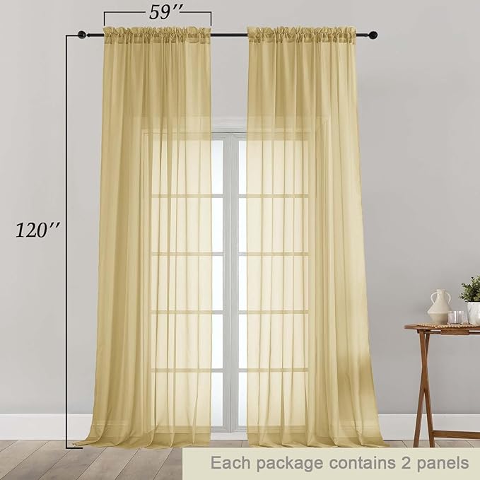 Extra Long Gold Sheer Curtains for Bedroom Living Room 120 Inches Long 2 Panels Set, Solid Soft Light Filtering Rod Pocket Sheer Window Curtains, Gold, Each 59" Wx120 L Inch