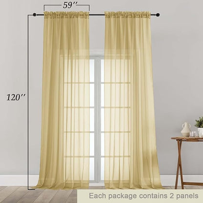Extra Long Gold Sheer Curtains for Bedroom Living Room 120 Inches Long 2 Panels Set, Solid Soft Light Filtering Rod Pocket Sheer Window Curtains, Gold, Each 59" Wx120 L Inch