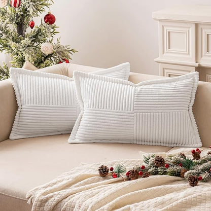 MIULEE Decorative Lumbar Throw Pillow Covers for Couch Bed Livingroom 12x20 Inch Set of 2 White Boho Accent Throw Pllows Broadside Striped Patchwork Soft Corduroy Pillowcases