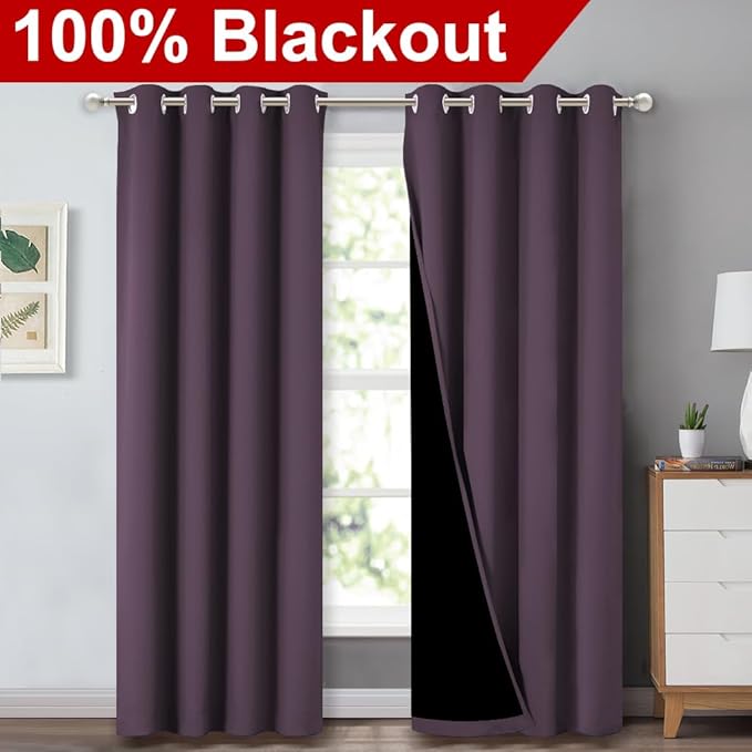NICETOWN 100% Blackout Curtains 84 inches Long, Plum, 52 inches Wide, Pair of Energy Smart & Noise Blocking Out Drapes for Baby Room Window, Thermal Insulated Guest Room Lined Window Dressing