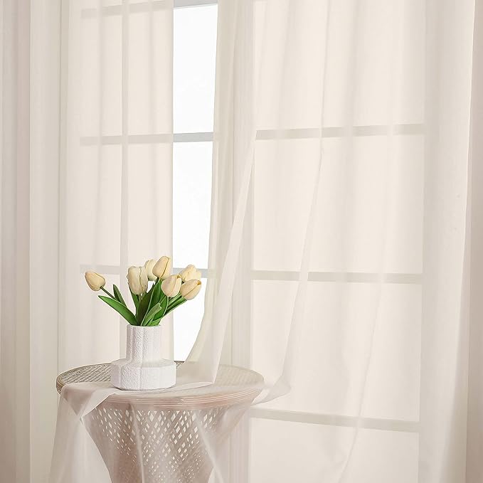 Chyhomenyc Cream Sheer Curtains 68 Inch Length, Light Filtering Solid Color Bedroom Window Sheer Curtain Panels, Elegant Curtains & Drapes for Living Room, 42Wx68L, 2 Panels