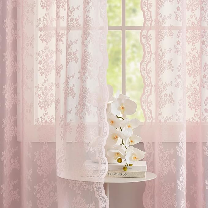 YJ YANJUN Vintage Lace Curtains 63 Inches Length- Cute Sheer Pink Curtains for Girls Bedroom Light Pink Floral Short Window Drapes Princess Girls Room Coquette Decor 2 Panels 52 x63 Inch