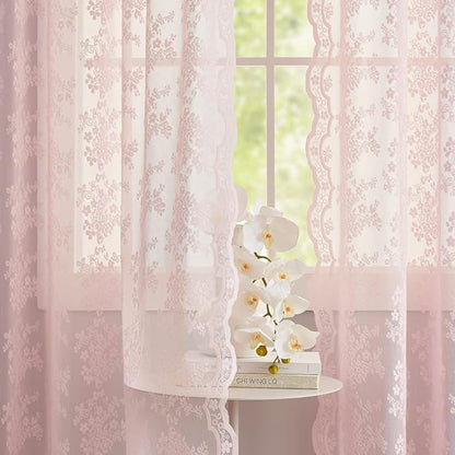 YJ YANJUN Vintage Lace Curtains 63 Inches Length- Cute Sheer Pink Curtains for Girls Bedroom Light Pink Floral Short Window Drapes Princess Girls Room Coquette Decor 2 Panels 52 x63 Inch