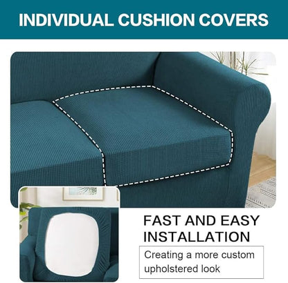 Turquoize 4 Piece Sofa Covers for 3 Cushion Couch Sofa Slipcover Soft Couch Cover for Dogs-Washable Sofa Furniture Covers with 3 Individual Cushion Covers, Jacquard Fabric (3 Cushion Sofa, Deep Teal)