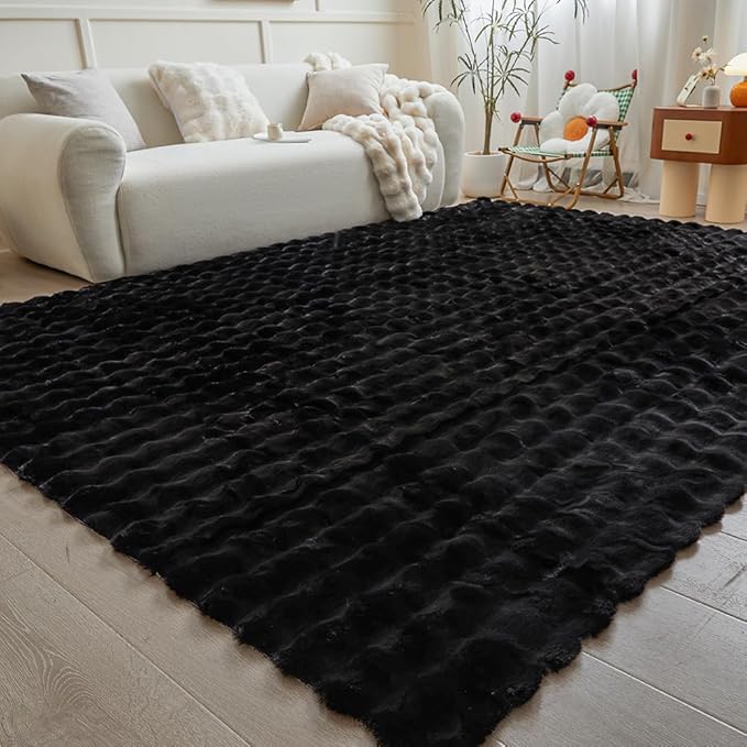 Black Rabbit Plush Rug 6'x9', Fluffy Faux Fur Shaggy Area Rug for Nursery, Kids Room Decor, Soft Fuzzy Carpet for Living Room, Bedroom, Teen Girls Room