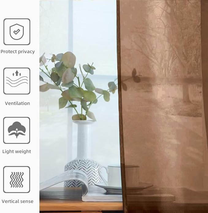 youleyar Solid Sheer Rod Pocket Curtain Voile Draperies 2 Panels White Beige Black Grey Coffee 52 Inch Width 45 Inch Long 1 Pair for Kitchen Bedroom Children Living Room Yard (Brown,52Wｘ45L)