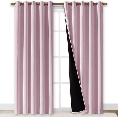 NICETOWN 100% Blackout Window Curtain Panels, Baby Pink, 2 PCs, 62" Wide Each Panel, Cold and Full Light Blocking Drapes with Black Liner for Nursery, 84 inches Drop Thermal Insulated Draperies