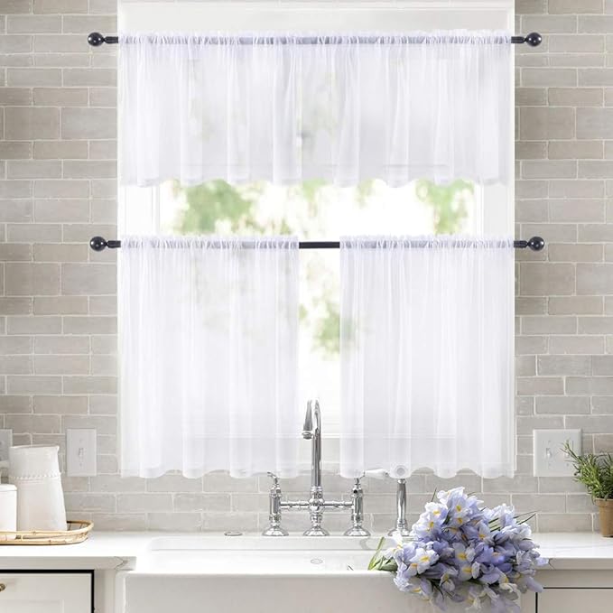 MIULEE 2 Panels Kitchen Tiers Half Window Sheer Curtains Rod Pocket Voile Drapes for Kitchen Bathroom Small Windows 29 by 36 Inch White