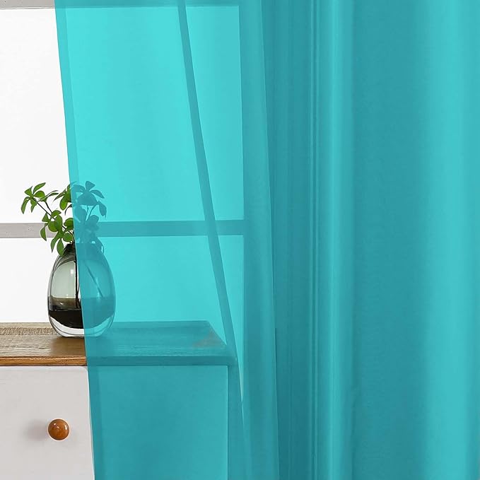 Turquoise Window Sheer Curtains 45 Inches Length, Voile Short Curtains for Living Room Bedroom, Modern Soft Window Drapes 2 Panels Set, Top Dual Rod Pocket Design, 2x42Wx45L Inches