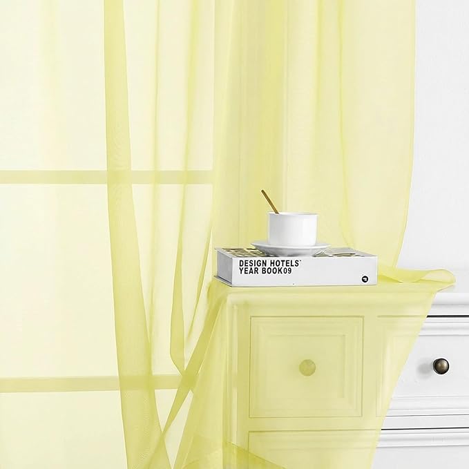 Chyhomenyc Sheer Curtains 90 inches Long 2 Panels - Light Filtering Soft Airy Solid Elegant Voile Window Treatment Drapes for Bedroom Living Room, 42Wx90L Inches, Light Yellow