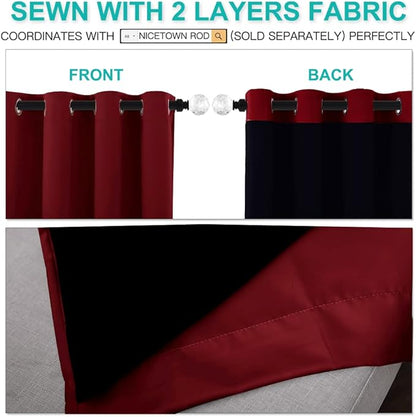 NICETOWN 100% Blackout Cold Blocking Curtain Panels, Thermal Insulated Curtains, Noise Reducing Drapes for Thanksgiving Day Window Decor (Set of 2, Burgundy Red, 70 inches Wide by 63 inches Long)