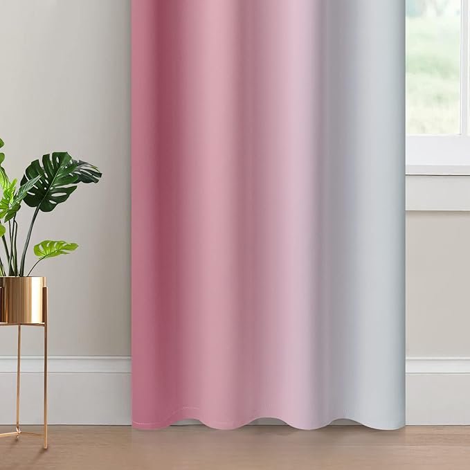 Yakamok Room Darkening Gradient Color Ombre Curtains 84 Inch Length, Thermal Insulated Grommet Window Drapes for Living Room/Bedroom (Pink and Greyish White, 2 Panels, 52x84 Inch)