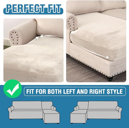 H.VERSAILTEX Velvet Stretch Individual Chaise Cover Sectional Couch Covers for L Shaped Sofa Both Left/Right Furniture Protector Seat Cushion Sofa Cover (1 Piece Chaise Cover, Ivory)