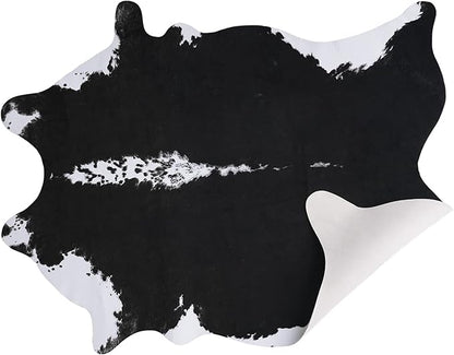 AROGAN Premium Faux Cowhide Rug 158 x 140 cm/5.2 x 4.6 feet, Durable and Large Size Cow Print Rugs, Suitable for Bedroom Living Room Western Decor, Faux Fur Animal Cow Hide Carpet, Black