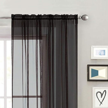 SpaceDresser Sheer Voile Window Treatment Rod Pocket Curtain Panels for Kitchen Bedroom Living Room Drapes Sunlight Filtering Privacy Semi Home Decor Assorted (Black, 52 W x 84 L)