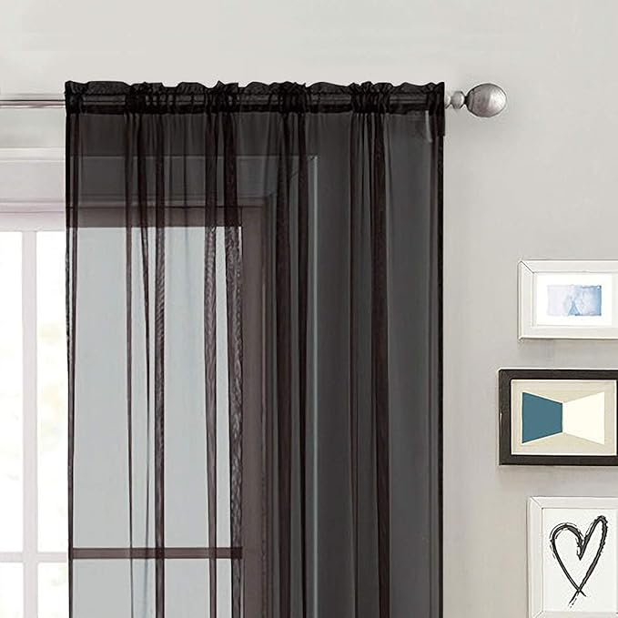 SpaceDresser Basic Rod Pocket Sheer Voile Window Curtain Panels White 1 Pair 2 Panels 60 Width 96 Inch Long for Kitchen Bedroom Children Living Room Yard(Black,60 W x 96 L)