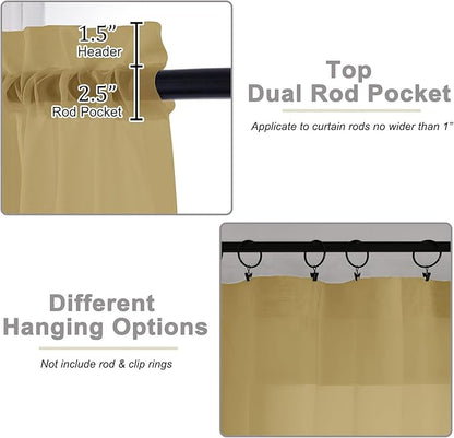 Extra Long Gold Sheer Curtains for Bedroom Living Room 120 Inches Long 2 Panels Set, Solid Soft Light Filtering Rod Pocket Sheer Window Curtains, Gold, Each 59" Wx120 L Inch