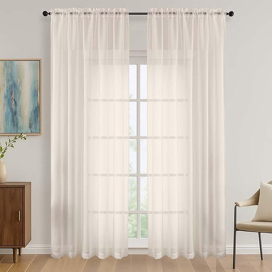 OVZME Cream Bedroom Curtains 2 Panel Sets 90 Inch Length, 59 Inch Extra Wide Light Filtering Light Weight Soft Window Treatment Panels for Study Room Living Room Guest Room, 59Wx90L Inches