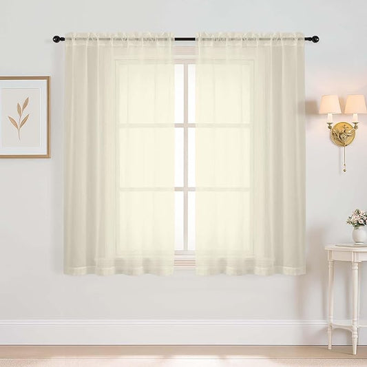 Cream Window Sheer Curtains 54 inch Length, Soft Airy Light Filtering Sheer Curtain 2 Panels Set, Dual Rod Pocket Gauze Drapes for Living Room Bedroom Dining Room, 2x42Wx54L Inches
