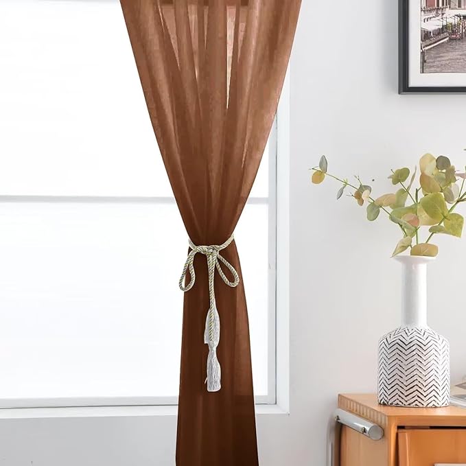 SpaceDresser Basic Rod Pocket Sheer Voile Window Curtain Panels Brown 1 Pair 2 Panels 52 Width 36 Inch Long for Kitchen Bedroom Children Living Room Yard（Brown, 52W x 36L）