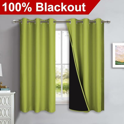 NICETOWN 100% Blackout Curtains 54 inches Long, Fresh Green, 1 Pair, 42 inches Width Each Panel, Double-Deck Completely Blackout Window Treatment Thermal Insulated Lined Drapes for Small Window