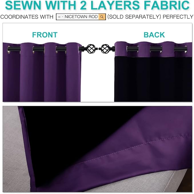 NICETOWN Kitchen Full Blackout Curtain Panels, Super Thick and Soft Insulated Window Covers, 100% Blackout Draperies with Black Backing for Cafe Window (Royal Purple, Set of 2 PCs, 52 by 54-inch)