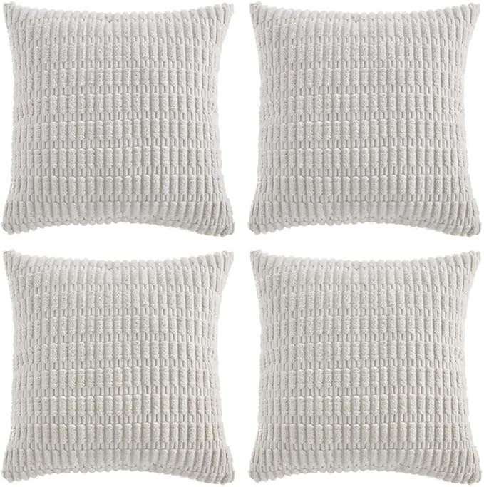 Fancy Homi 4 Packs Pure White Decorative Throw Pillow Covers 18x18 Inch for Living Room Couch Bed, Rustic Modern Farmhouse Boho Home Decor, Soft Plush Corduroy Cute Accent Square Cushion Case 45x45 cm