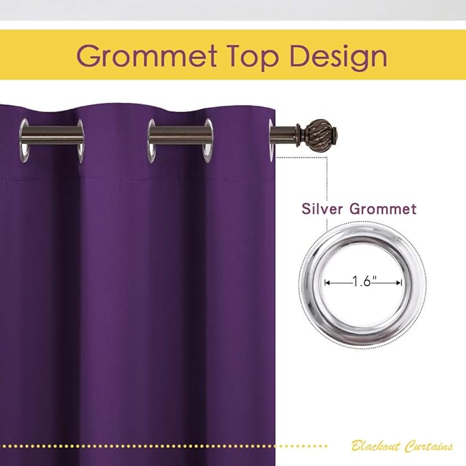 NICETOWN Thermal Insulated Blackout Draperies Curtains, Triple Weave Home Decoration Solid Ring Top Blackout Drape Panels for Bedroom (Set of 2, 42 x 45 Inch, Royal Purple)