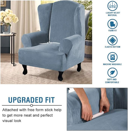 H.VERSAILTEX Wingback Chair Covers Velvet Plush Wing Chair Slipcover 1 Piece High Stretch Wing Back Chair Slipcovers Sofa Cover Furniture Cover with Elastic Bottom, Stone Blue
